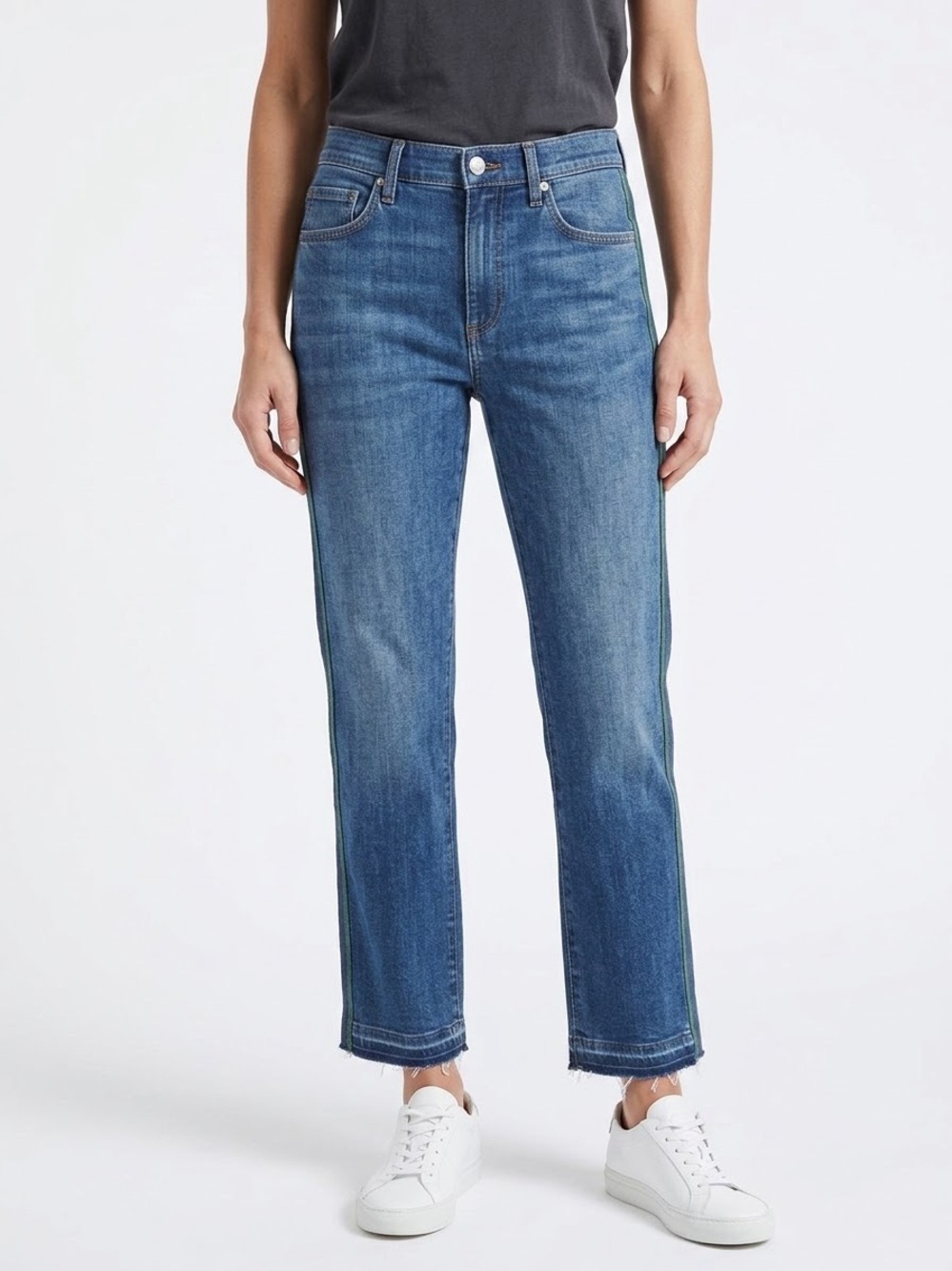 Veronica Beard High Waisted Blue Jeans with Green and Navy Stripe